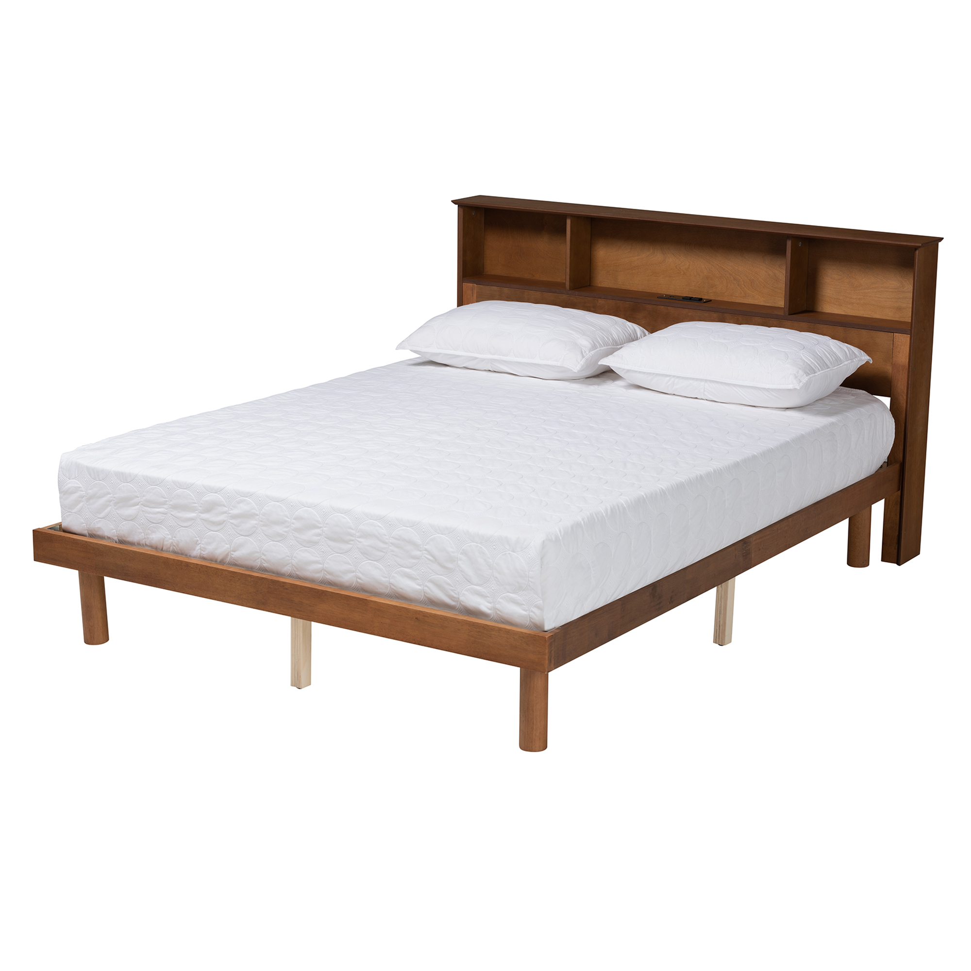 Baxton Studio Lochlan Mid-Century Modern Transitional Walnut Brown Finished Wood Full Size Platform Bed with Charging Station